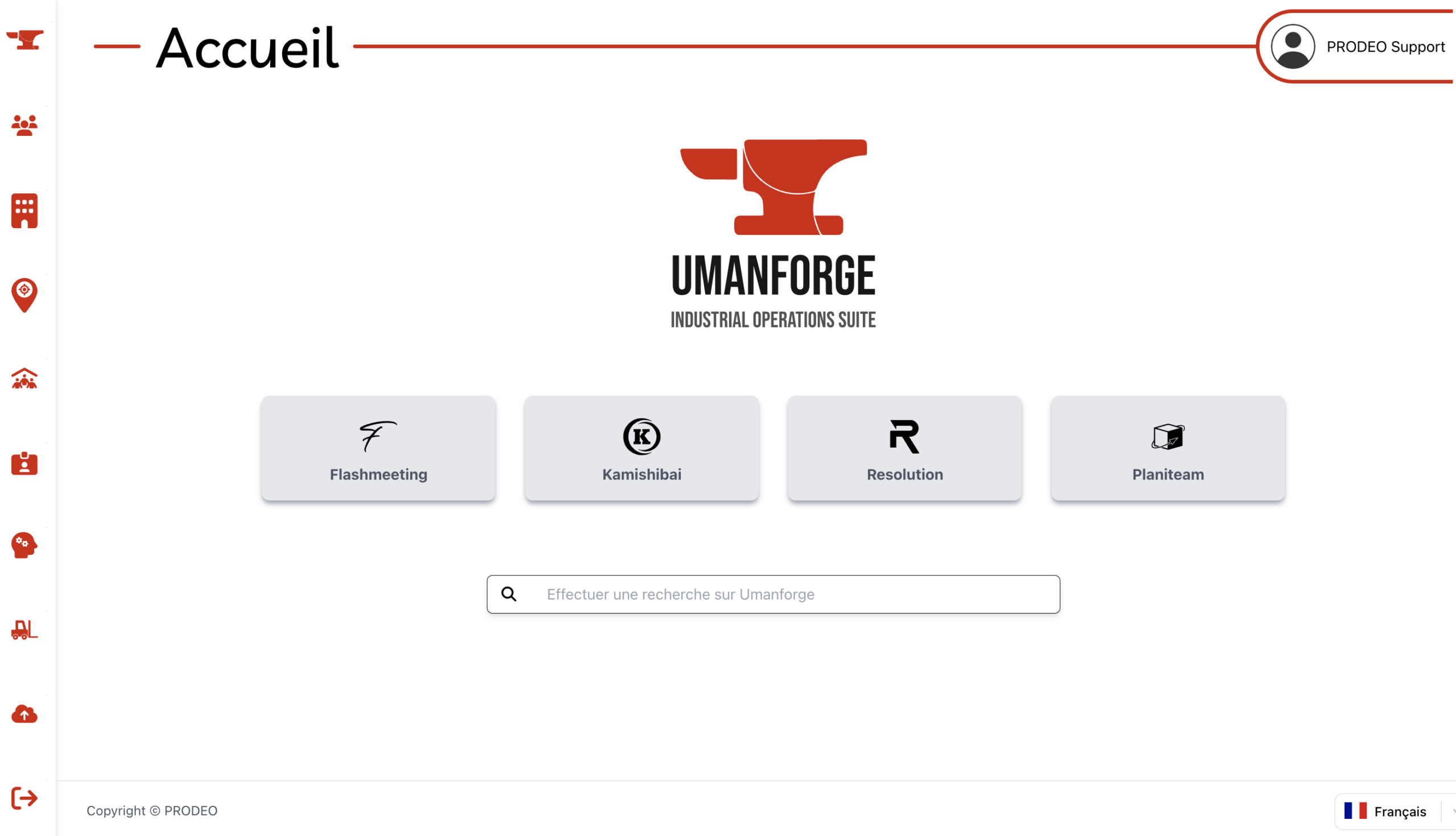 Plateforme UMANFORGE – Suite logicielle d’excellence opérationnelle Interface d’accueil de la plateforme UMANFORGE et de ses logiciels d’excellence opérationnelle